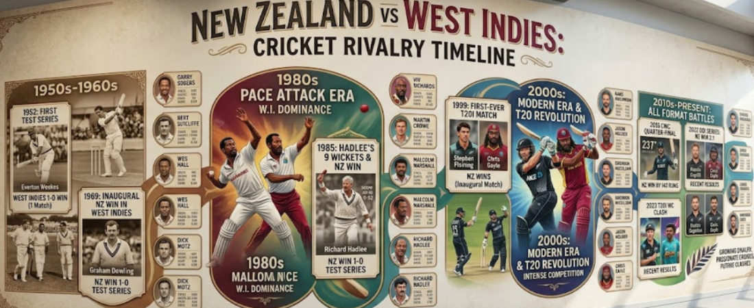 New Zealand vs West Indies Cricket Timeline: Full History & Keys